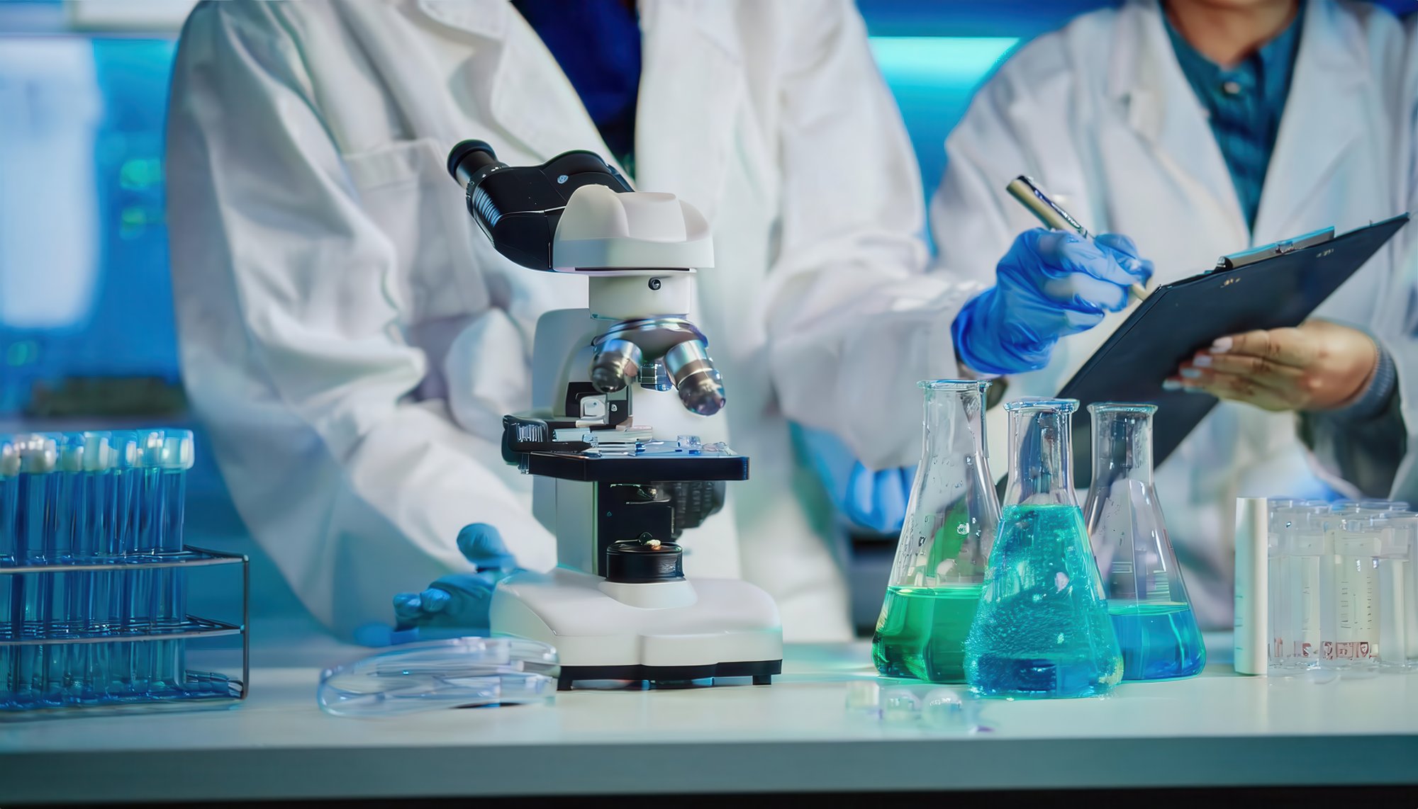 two people in labcoats in lab with clipboard performing regulatory checks