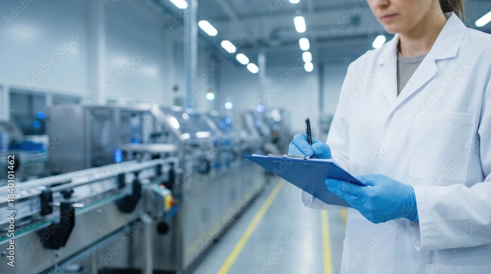 Female lab worker in a white coat writing notes on a clipboard in a laboratory setting.