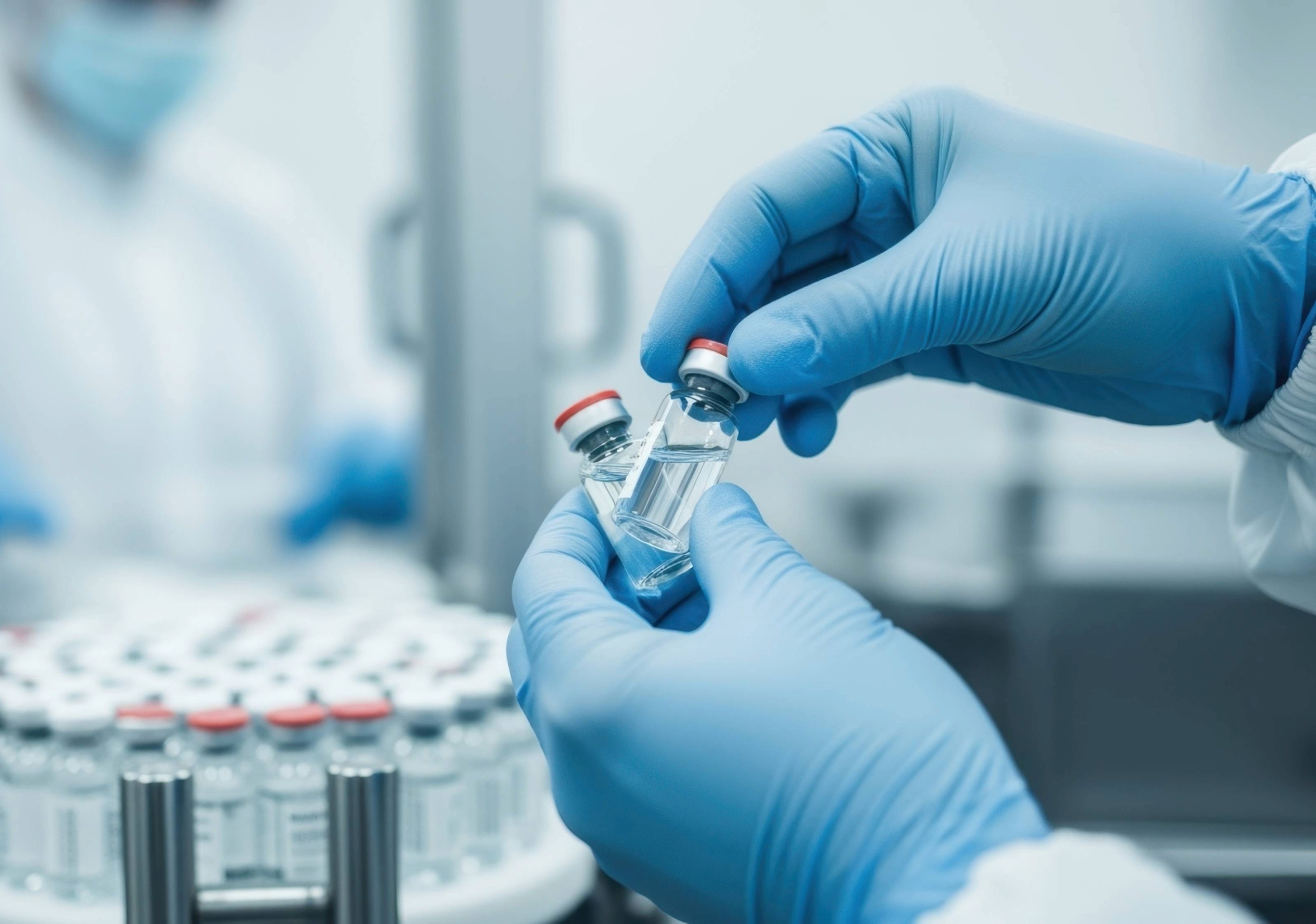 A person in a lab coat holds a vial, indicating a scientific or medical context.